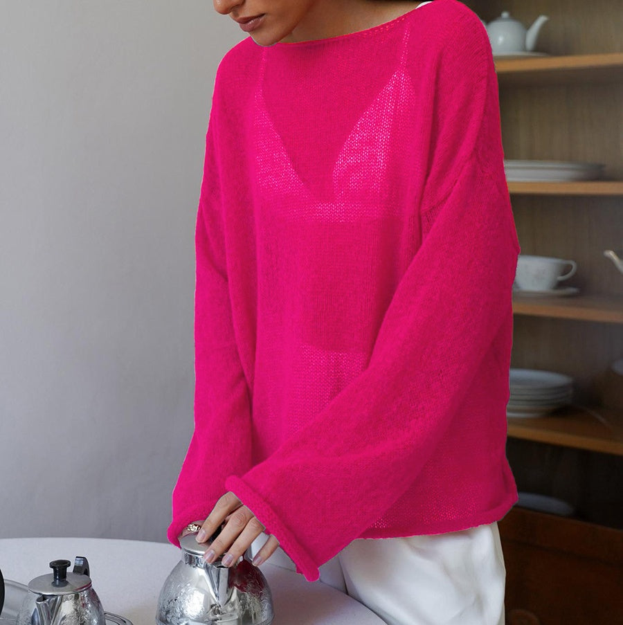 Sheer Knit Trumpet Sleeve T-Shirt - Rose