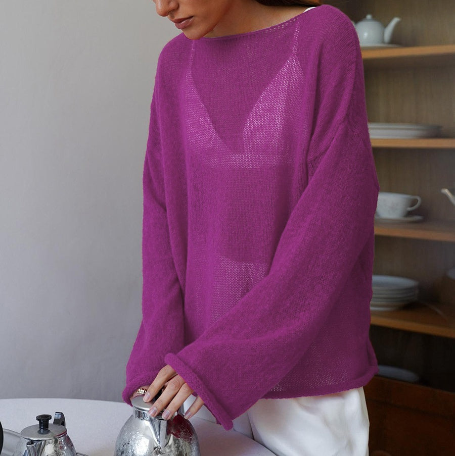 Sheer Knit Trumpet Sleeve T-Shirt - purple