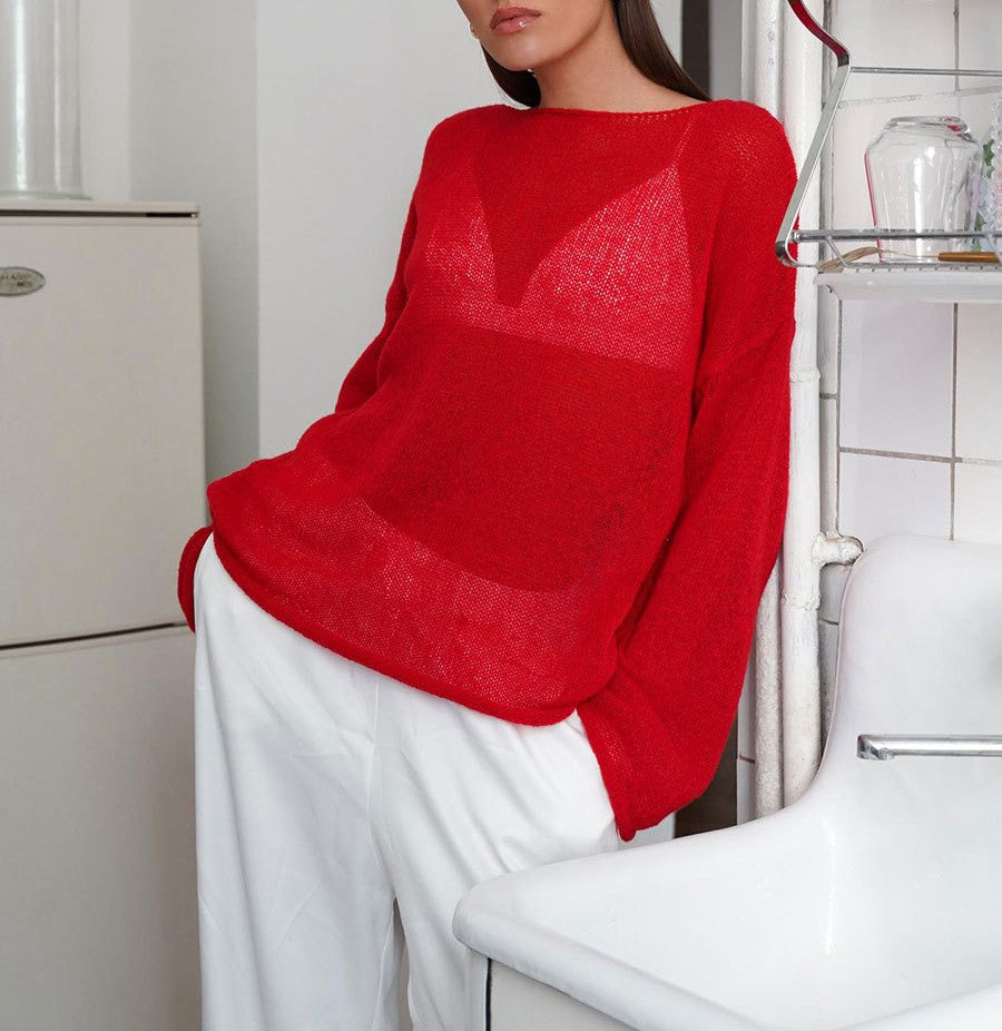 Sheer Knit Trumpet Sleeve T-Shirt - red