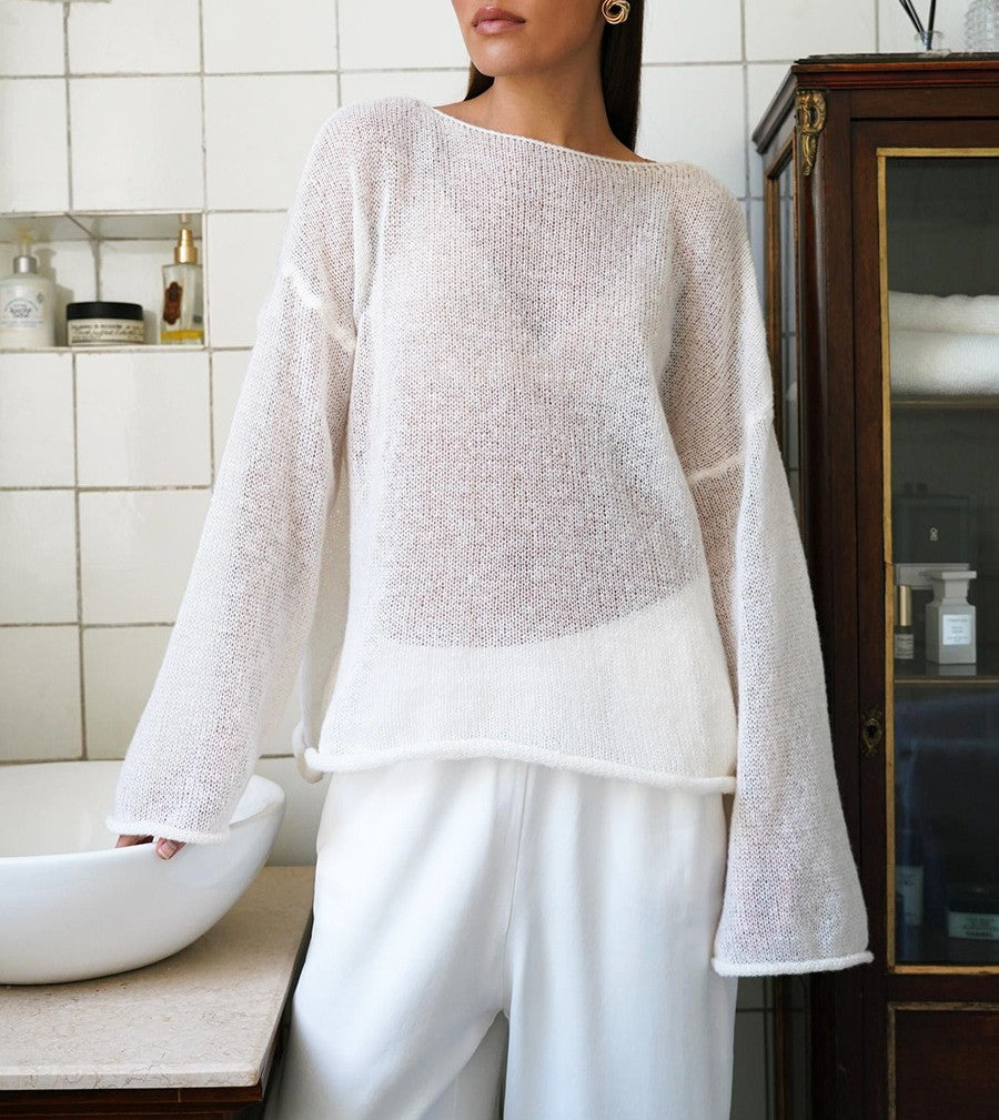 Sheer Knit Trumpet Sleeve T-Shirt - white