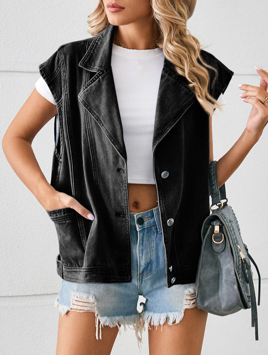 Notch Lapel Oversized Denim Vest - Black