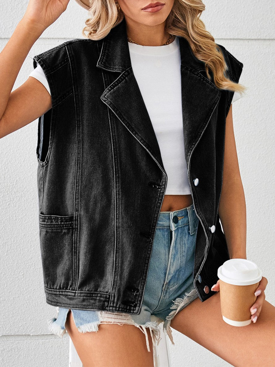 Notch Lapel Oversized Denim Vest - Black - 1