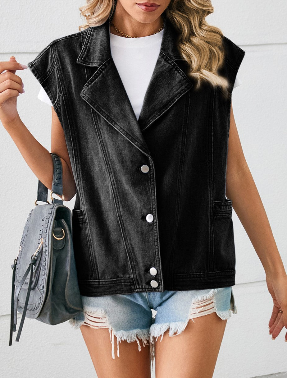 Notch Lapel Oversized Denim Vest - Black - 2