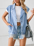 Notch Lapel Oversized Denim Vest - Blue