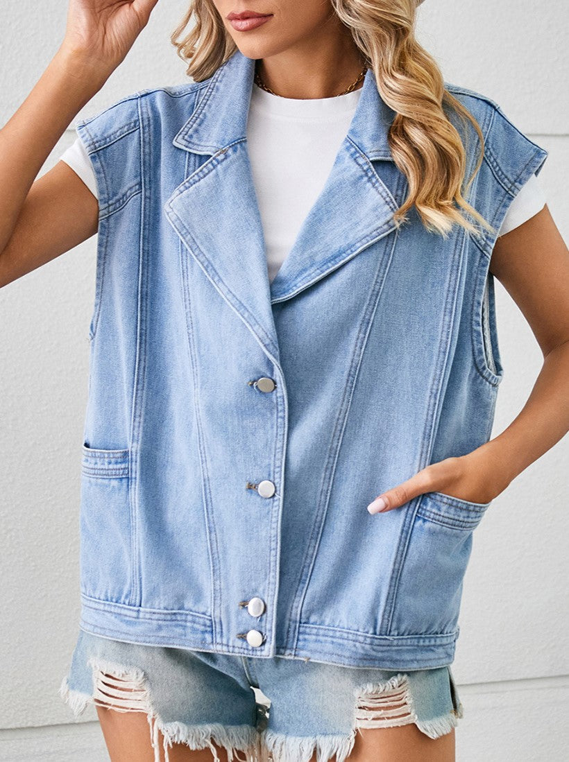 Notch Lapel Oversized Denim Vest - Blue - 1
