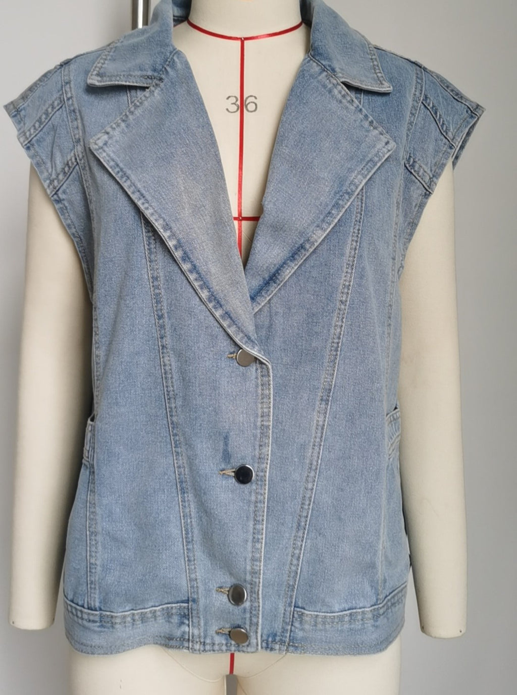 Notch Lapel Oversized Denim Vest - Blue - 3