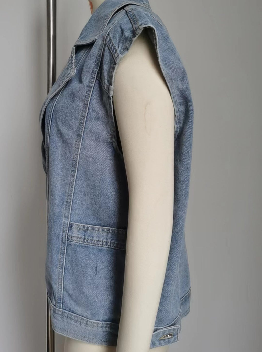 Notch Lapel Oversized Denim Vest - Blue - 4