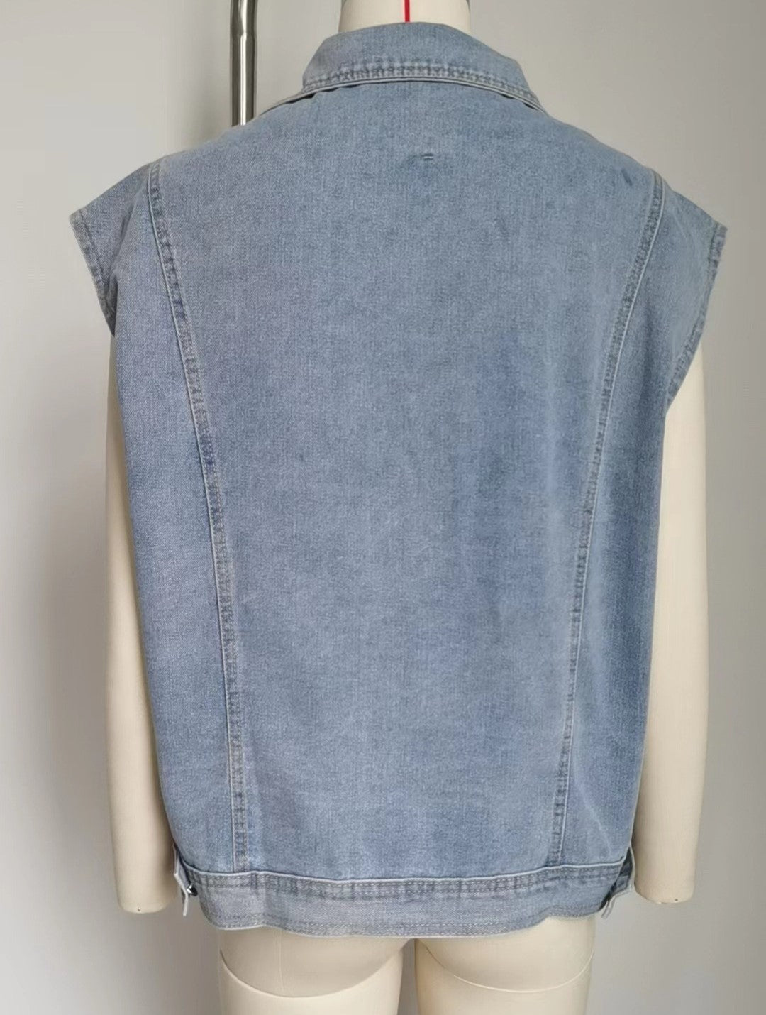 Notch Lapel Oversized Denim Vest - Blue - 5