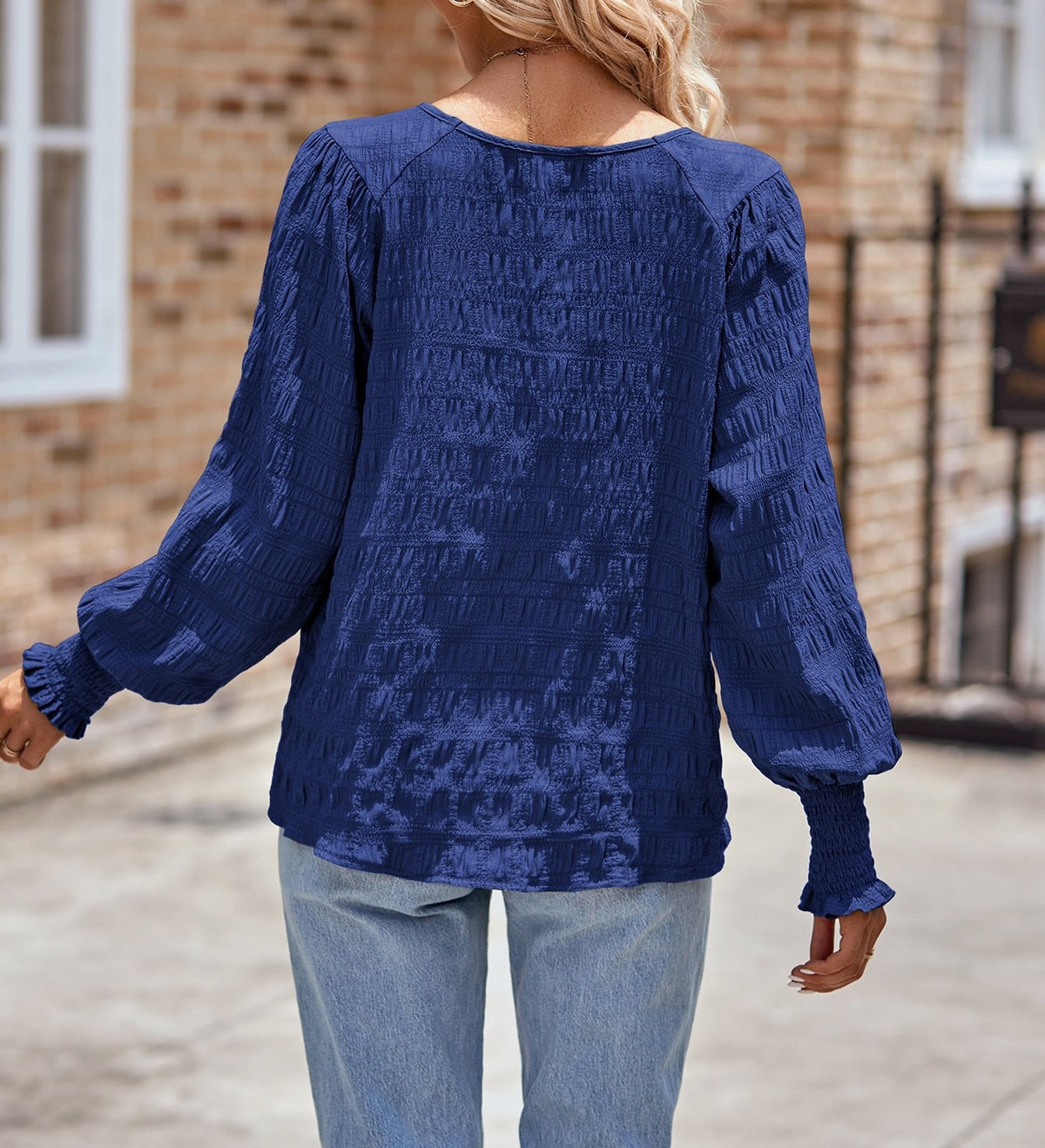 Textured Panel Balloon Sleeve Blouse - Dark Blue - 1