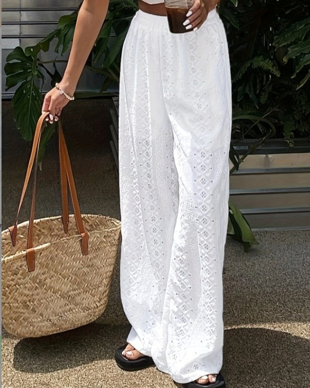 Eyelet Wide Leg Pants With Elastic Waist - White