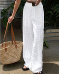 Eyelet Wide Leg Pants With Elastic Waist - White