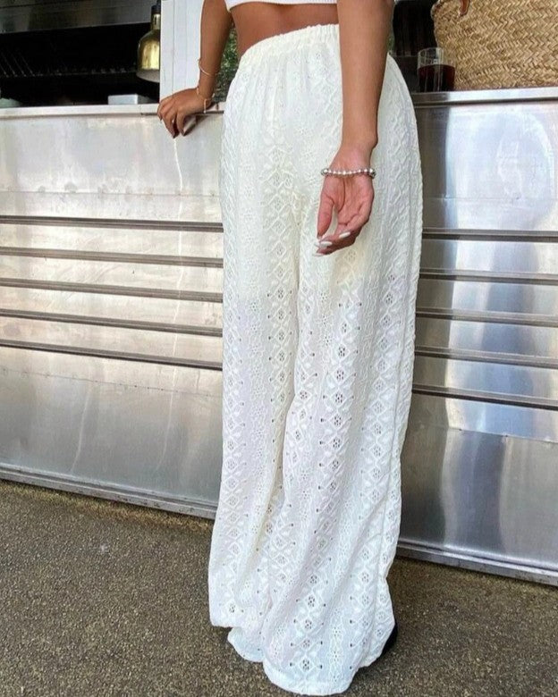 Eyelet Wide Leg Pants With Elastic Waist - White - 1