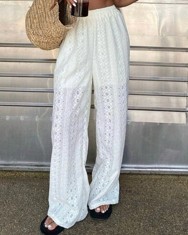 Eyelet Wide Leg Pants With Elastic Waist - White - 2