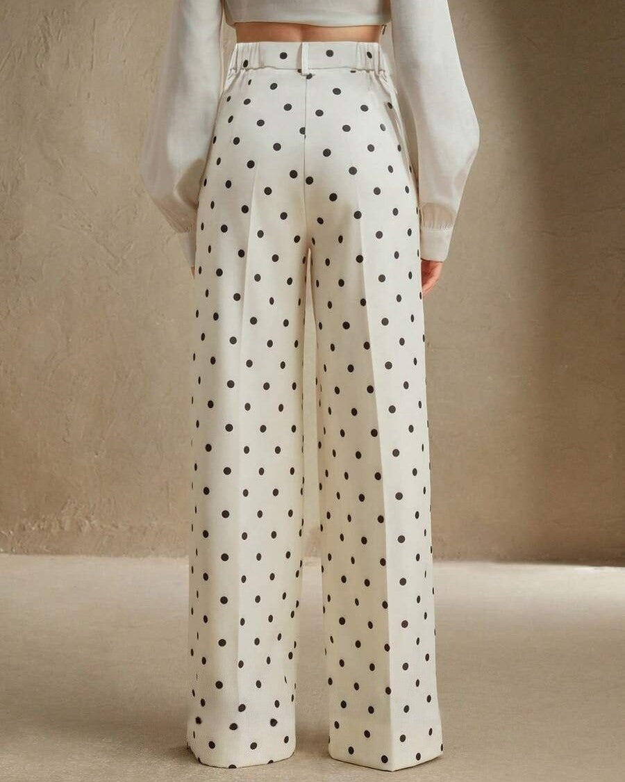 High Waisted Dotted Print Flowy Wide Leg Pants - Apricot - 1