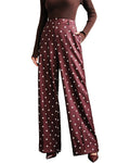 High Waisted Dotted Print Flowy Wide Leg Pants - Wine-Red