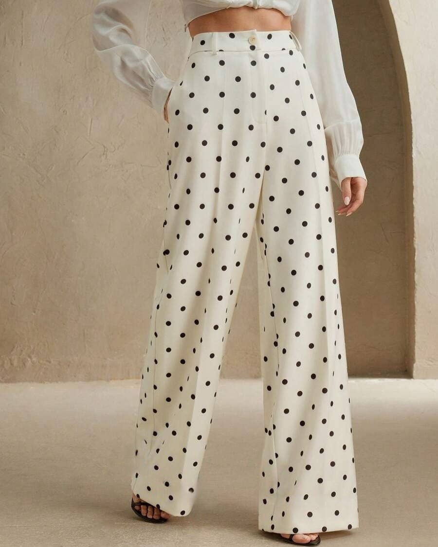 High Waisted Dotted Print Flowy Wide Leg Pants