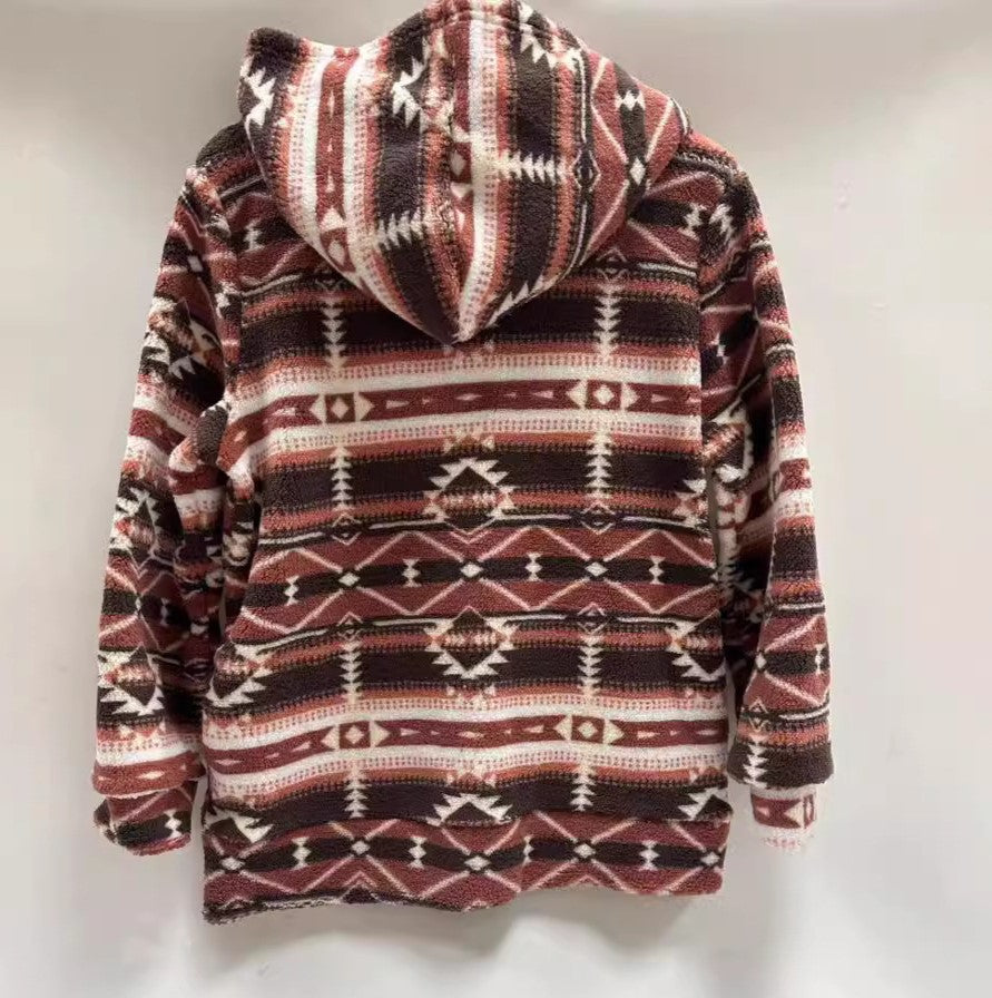 Southwestern Print Hooded Fleece Jacket - Orange