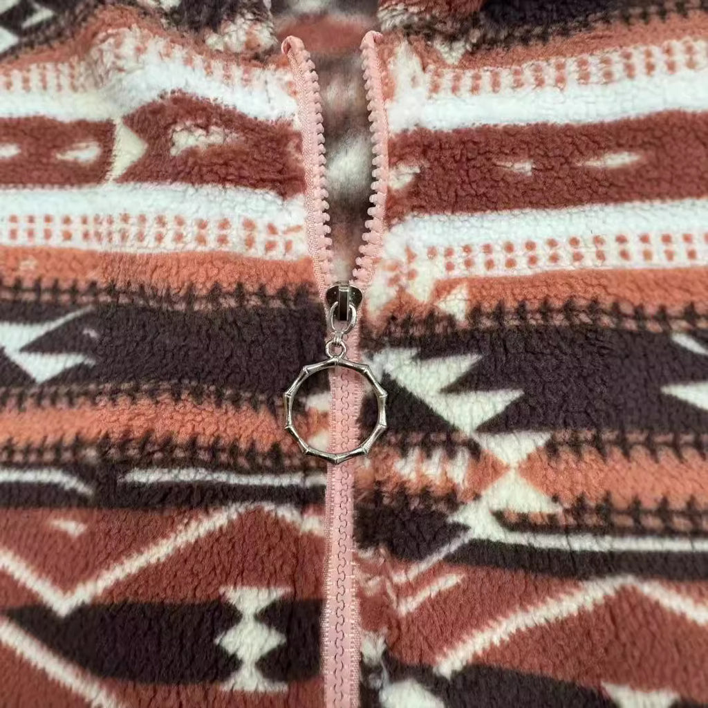 Southwestern Print Hooded Fleece Jacket - Orange - 1