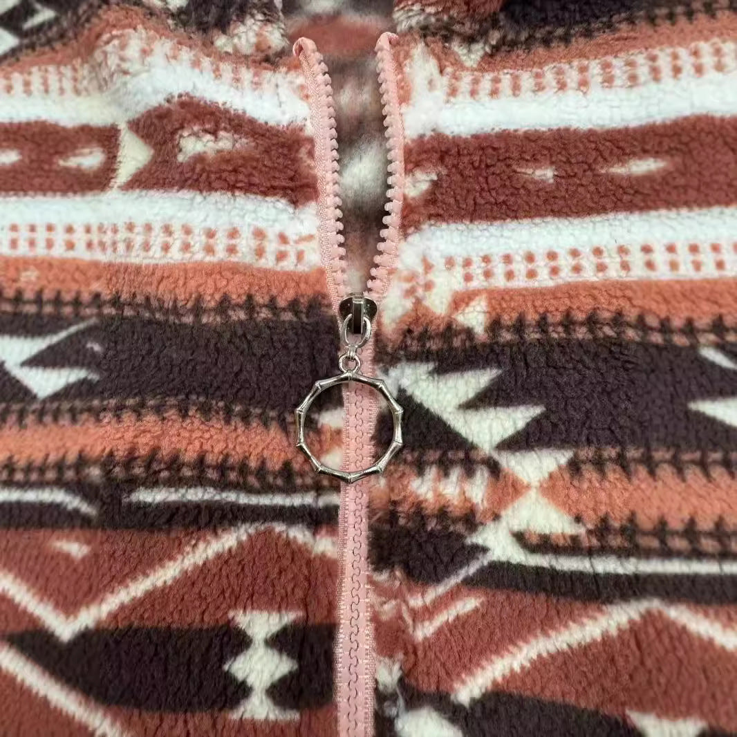 Southwestern Print Hooded Fleece Jacket - Orange - 1