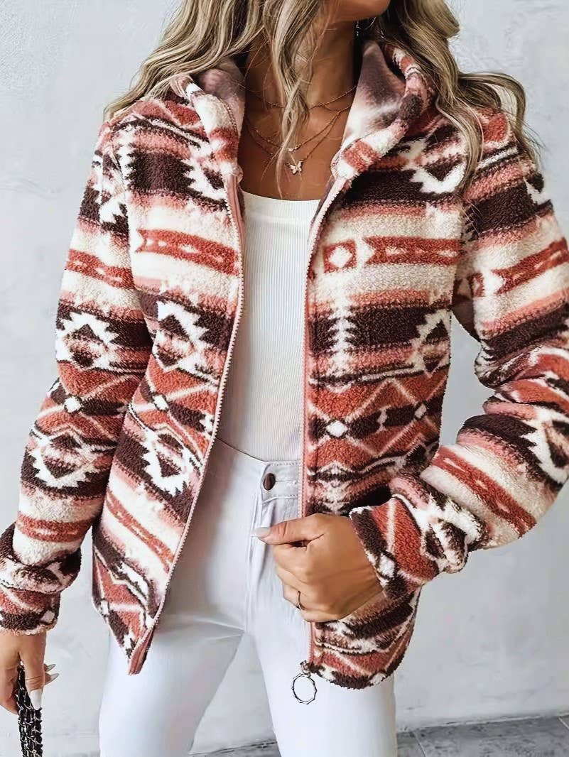 Southwestern Print Hooded Fleece Jacket