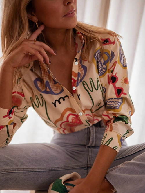 Abstract Doodle Print Long Sleeve Shirt - beige