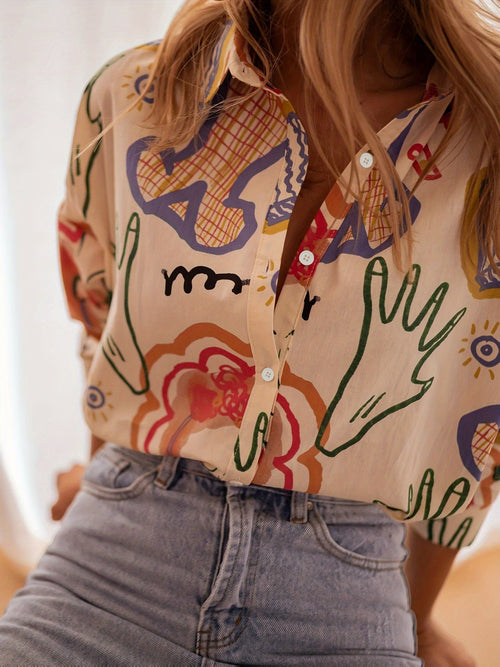 Abstract Doodle Print Long Sleeve Shirt - beige - 1