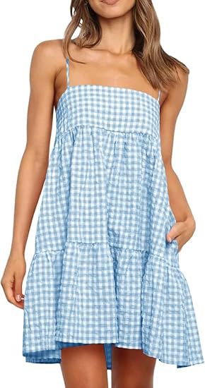 Gingham Tiered Babydoll Mini Sundress - blue