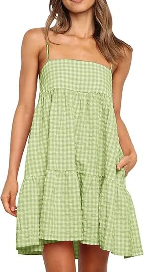 Gingham Tiered Babydoll Mini Sundress - green
