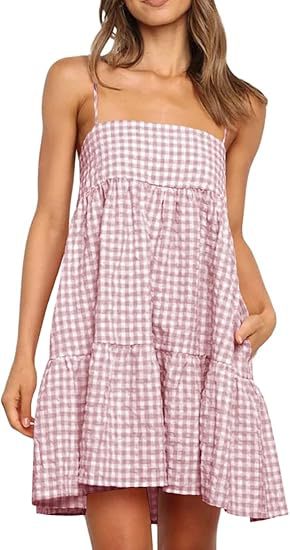 Gingham Tiered Babydoll Mini Sundress - pink