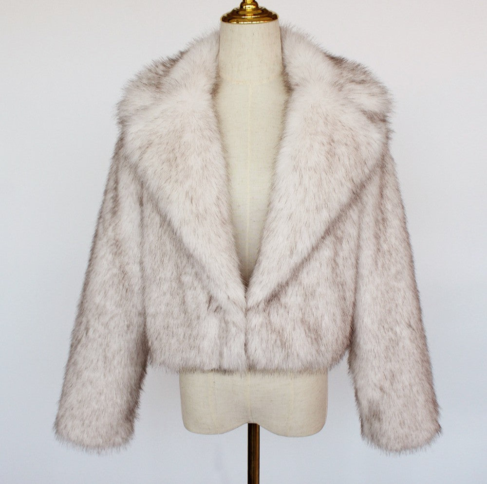Cropped Faux Fur Notch Collar Coat - Apricot