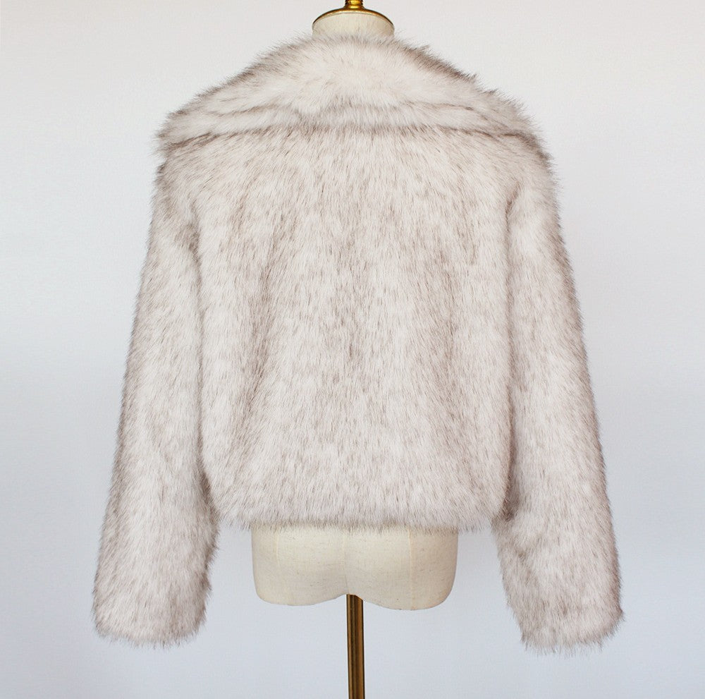 Cropped Faux Fur Notch Collar Coat - Apricot - 1