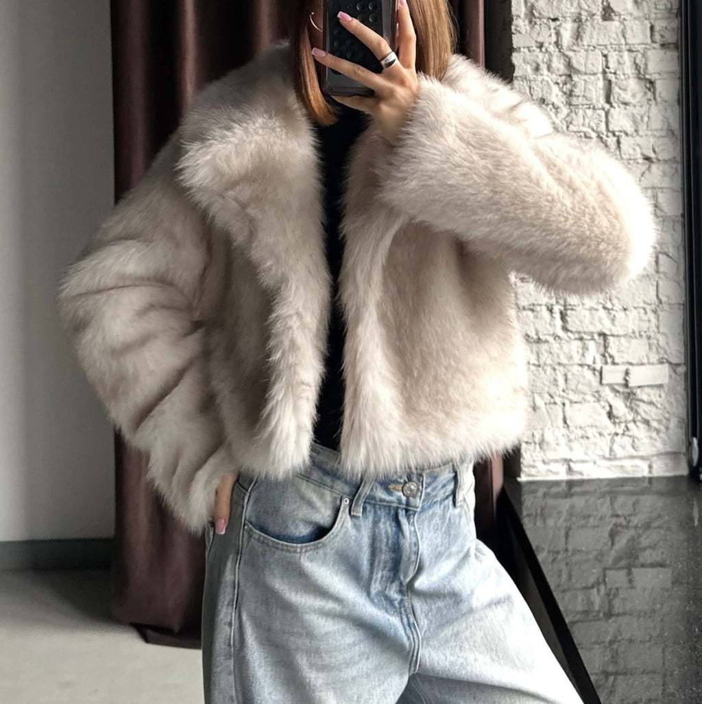 Cropped Faux Fur Notch Collar Coat - view 1