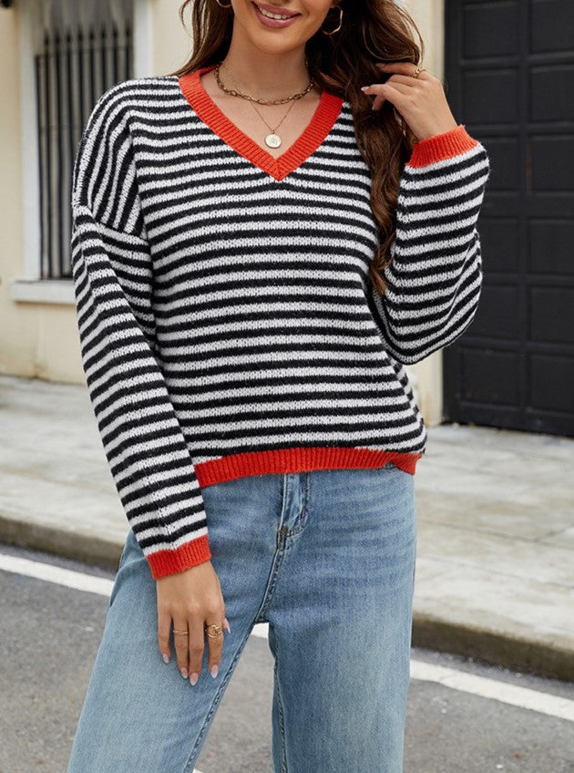 Contrast Trim Striped V Neck Sweater - Black
