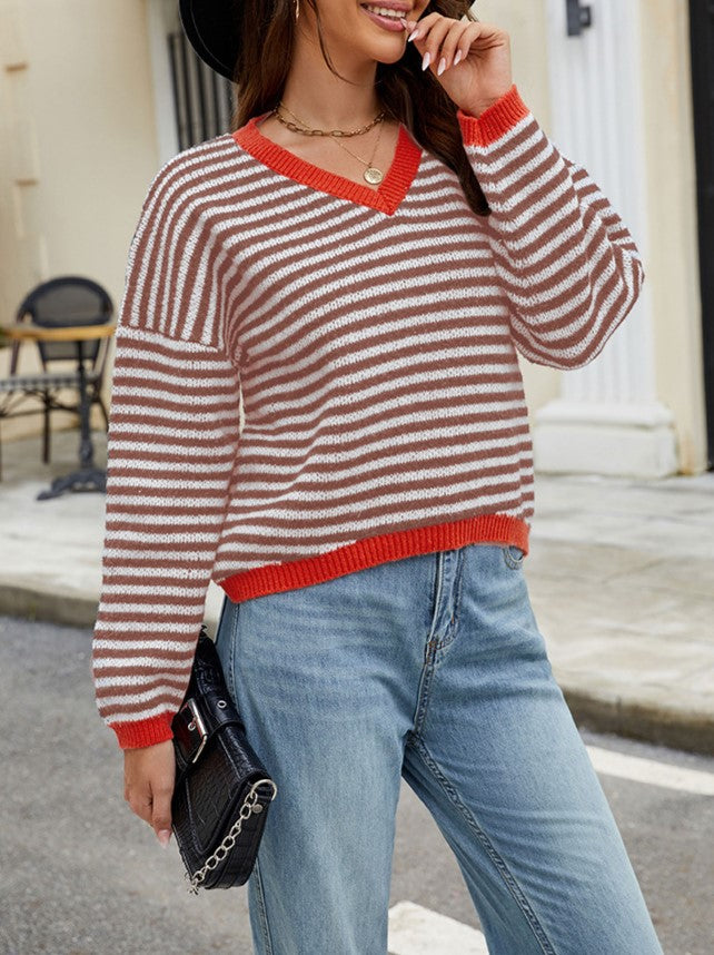Contrast Trim Striped V Neck Sweater - Brown