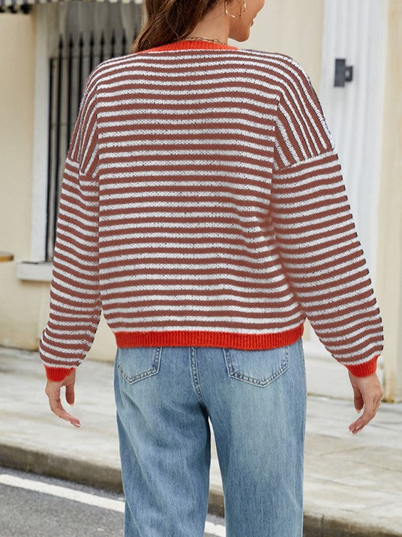 Contrast Trim Striped V Neck Sweater - Brown - 1