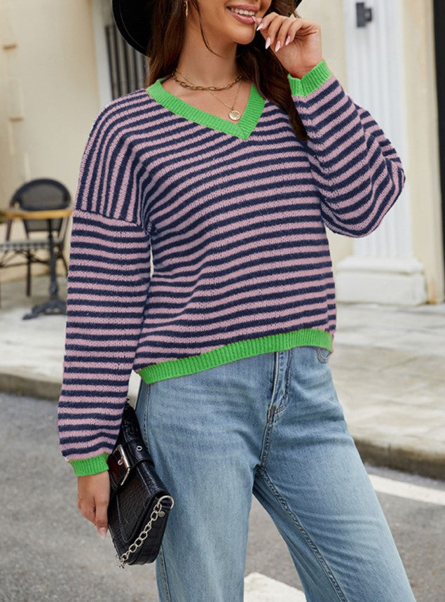 Contrast Trim Striped V Neck Sweater - Pink - 1