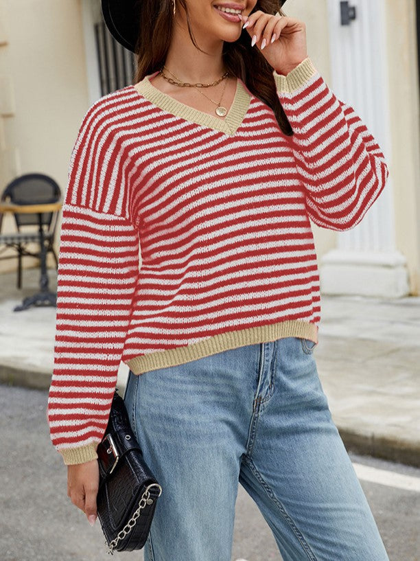 Contrast Trim Striped V Neck Sweater - Red