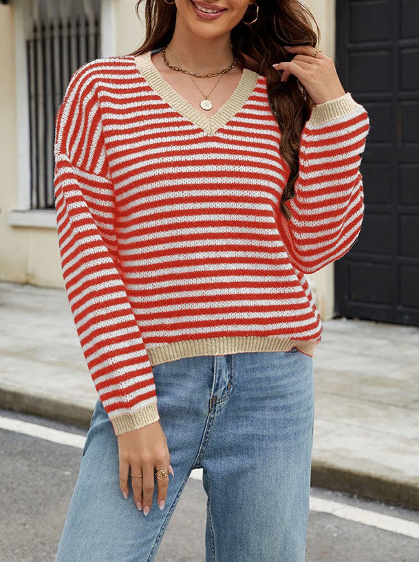 Contrast Trim Striped V Neck Sweater - Red - 1