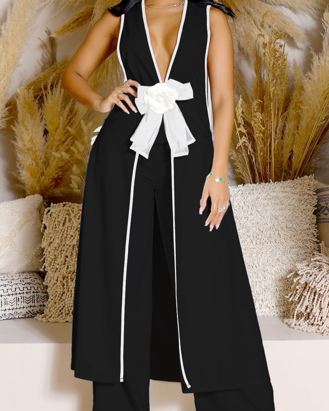 Contrast Trim Bow Vest And Wide Pants Set - Black