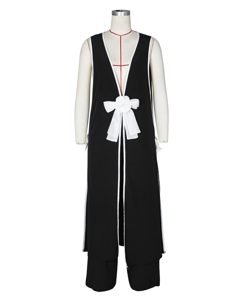 Contrast Trim Bow Vest And Wide Pants Set - Black - 1