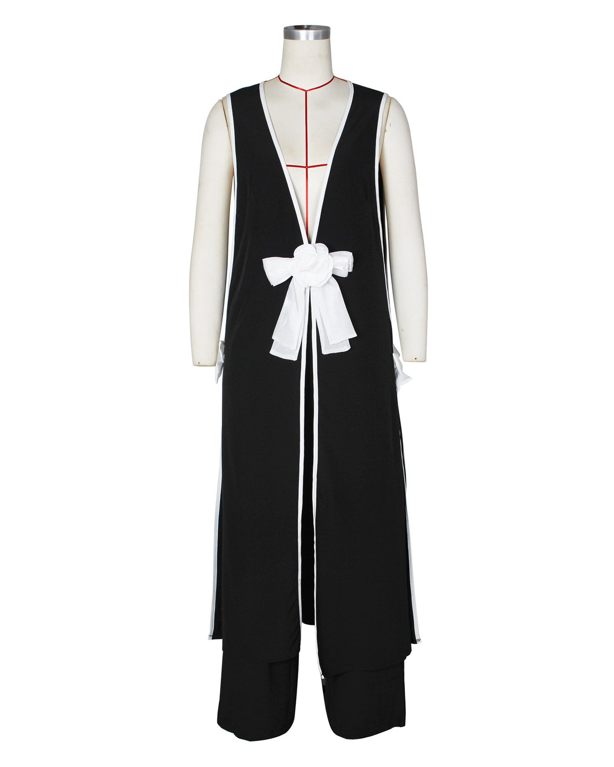 Contrast Trim Bow Vest And Wide Pants Set - Black - 1