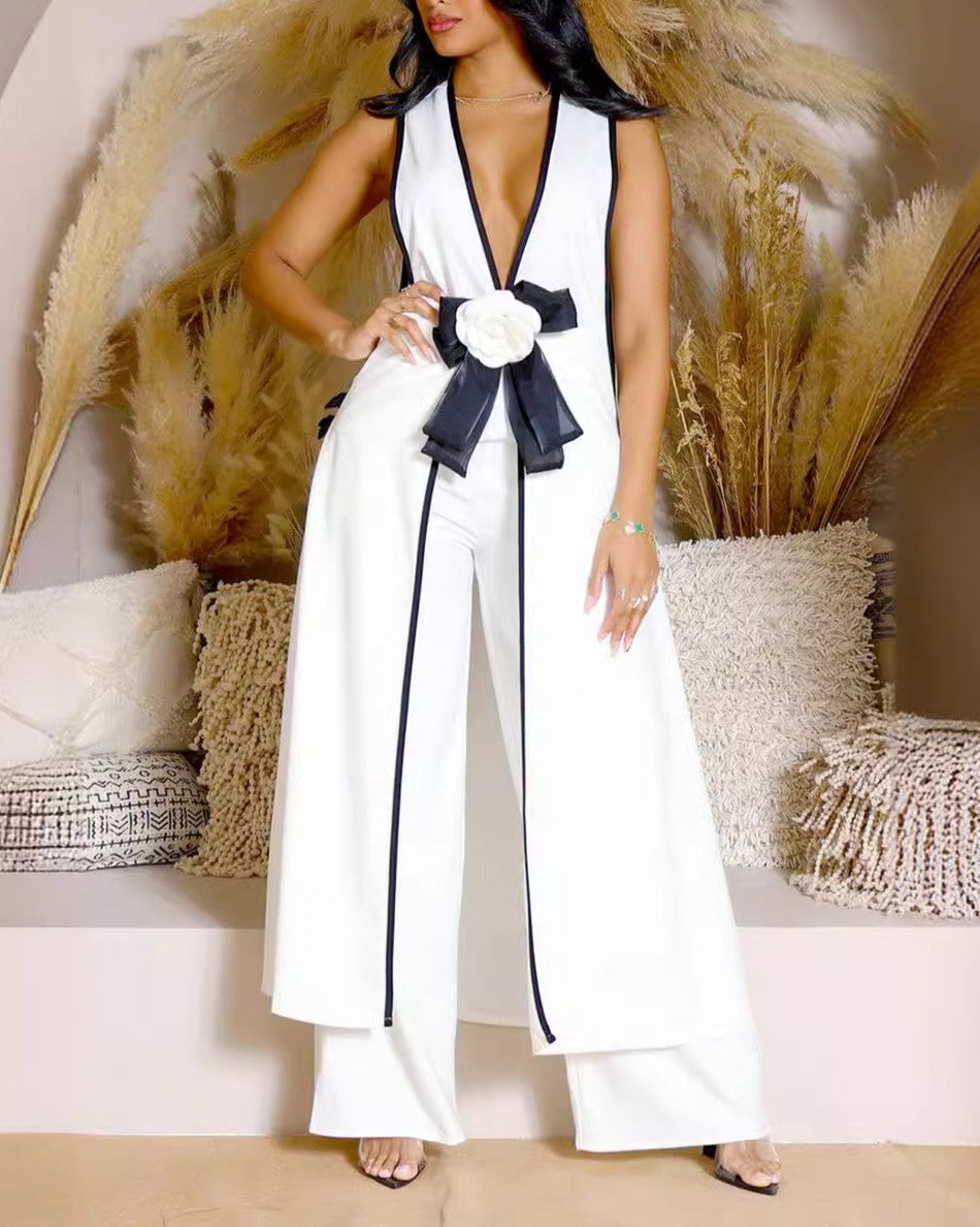 Contrast Trim Bow Vest And Wide Pants Set - White