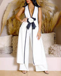 Contrast Trim Bow Vest And Wide Pants Set - White