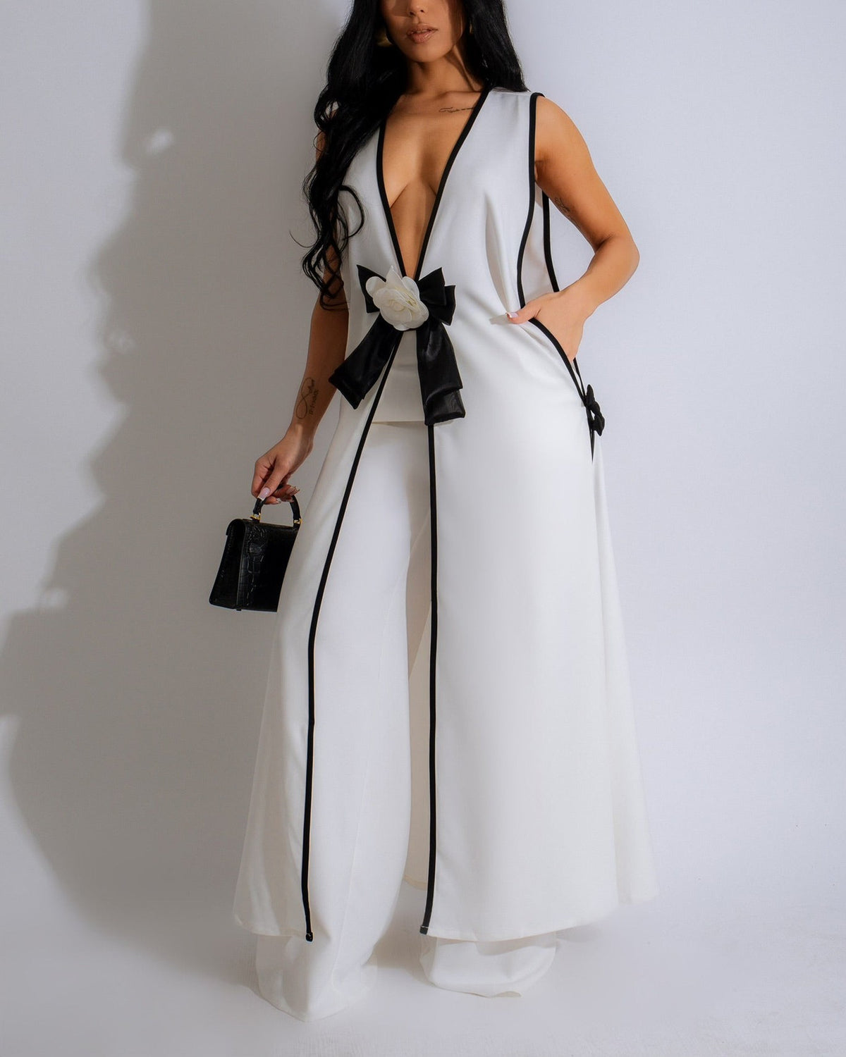 Contrast Trim Bow Vest And Wide Pants Set - White - 1