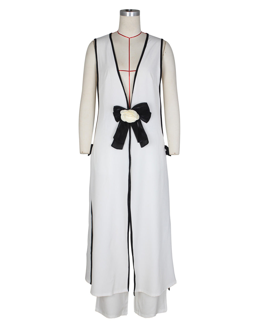 Contrast Trim Bow Vest And Wide Pants Set - White - 2