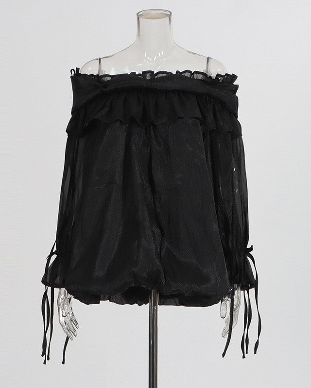 Ruffle Trim Off Shoulder Chiffon Blouse - Black