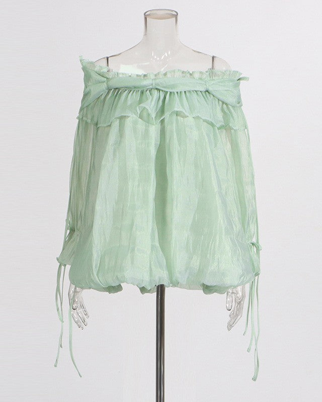 Ruffle Trim Off Shoulder Chiffon Blouse - Green - 1
