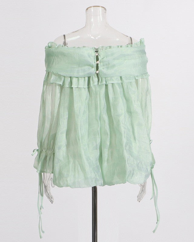 Ruffle Trim Off Shoulder Chiffon Blouse - Green - 2
