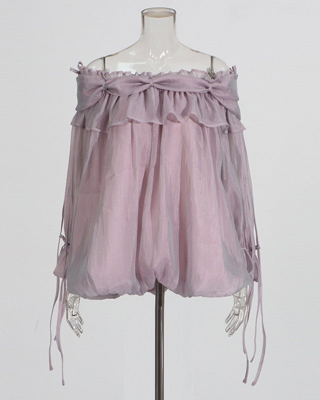 Ruffle Trim Off Shoulder Chiffon Blouse - Purple