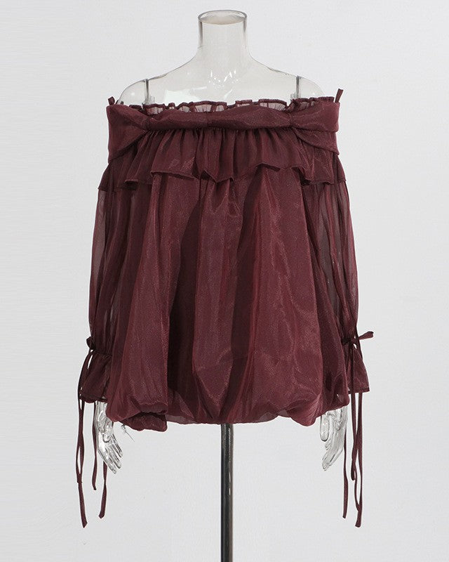 Ruffle Trim Off Shoulder Chiffon Blouse - Wine-Red
